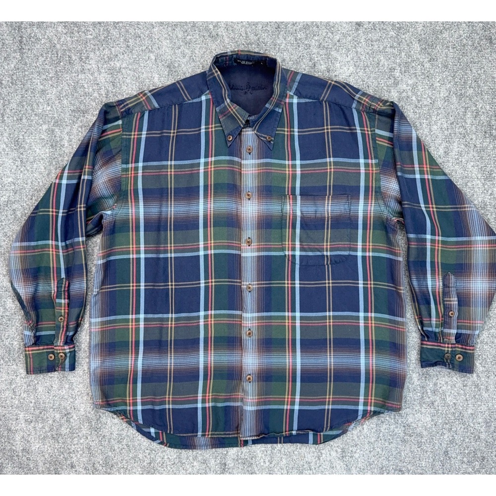 Johnnie Walker Plaid Button Up Shirt Men L Silk Blend Blue Green Long Sleeve Top